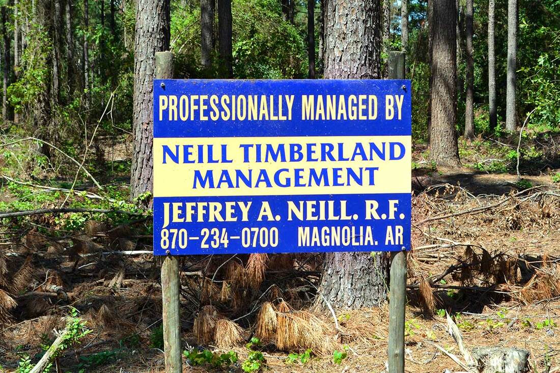 Blue Sign, Professionally Managed By Neill Timberland Management, Jeffrey A. Neill R.R., Magnolia, AR